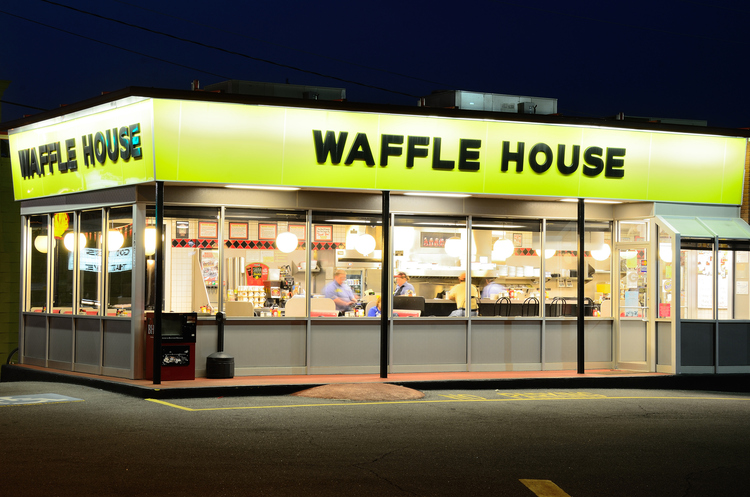 Lit up Waffle House restaurant at night