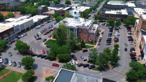 aerial view of the small town of Murfreesboro with colorful buildings and clock tower in the center
